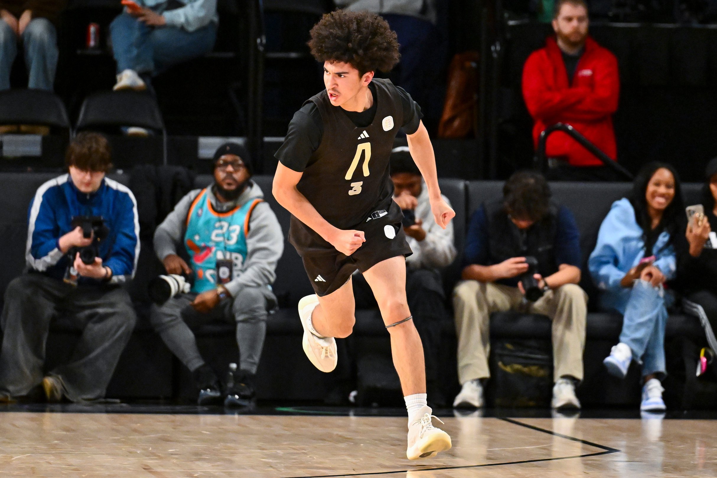 Cayden Daughtry #3 of Fear of God Athletics celebrates during the OTE Playoffs on Monday, February 9, 2026 at OTE Arena in Atlanta, Georgia. (Photo by Adam Hagy/Overtime)