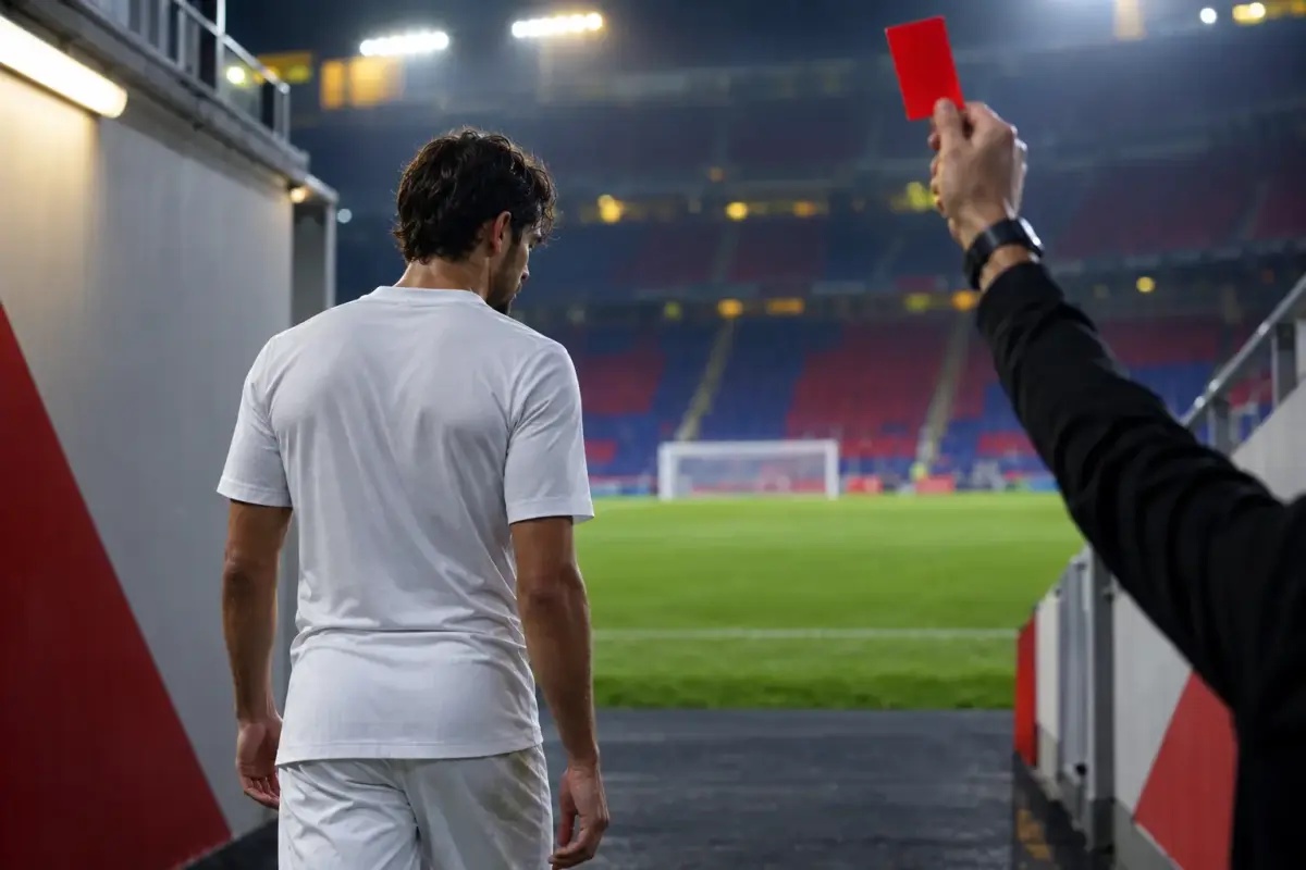 Back view of a footballer facing an empty stadium as a referee raises a red card