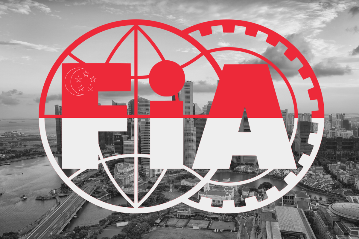 Graphic of the FIA flag in the Singapore colours with black and white street background — Photo: © IMAGO