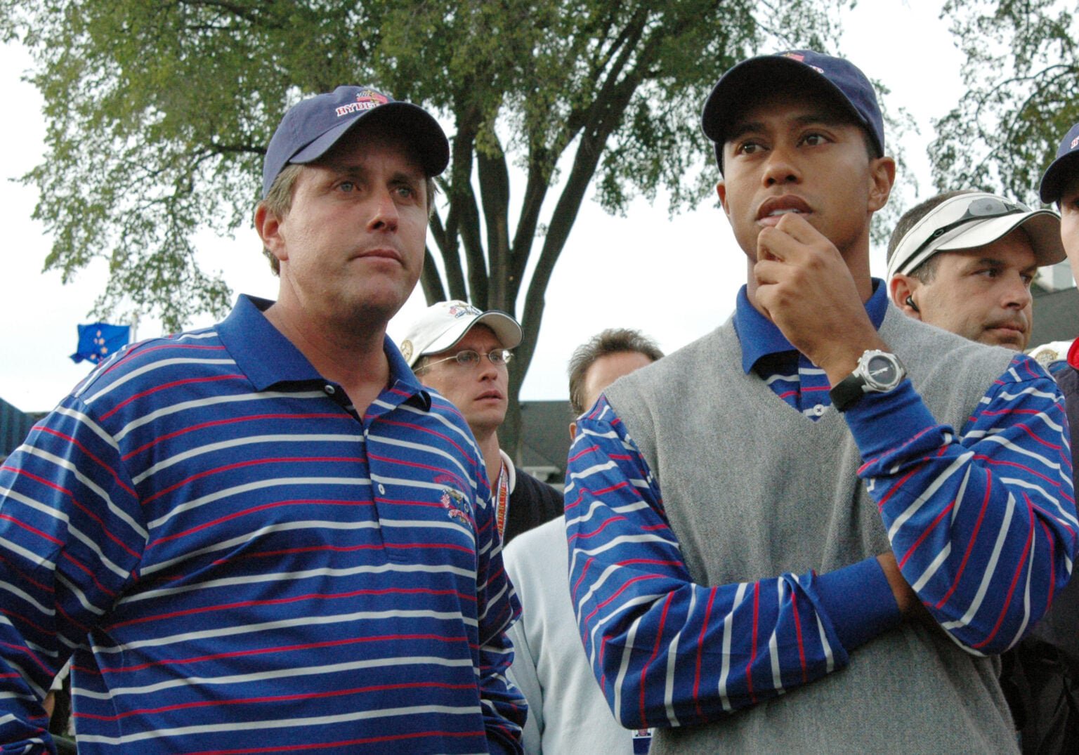 Phil Mickelson and Tiger Woods during the first day at the 2004 Ryder Cup