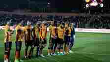RS Berkane stand on the pitch as they wait for the USM Alger team before the second leg of their Caf Confederation Cup football semi-final match