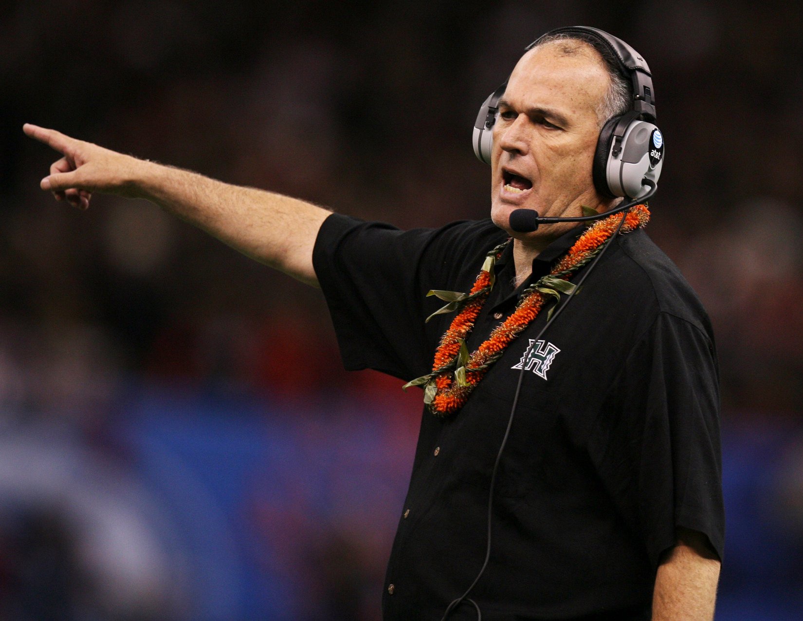 University of Hawai'i coach June Jones instructs players against the Georgia Bulldogs in the second quarter of the 74th Annual Sugar Bowl NCAA football game at the Louisiana Superdome in New Orleans, Louisiana Jan. 1, 2008.