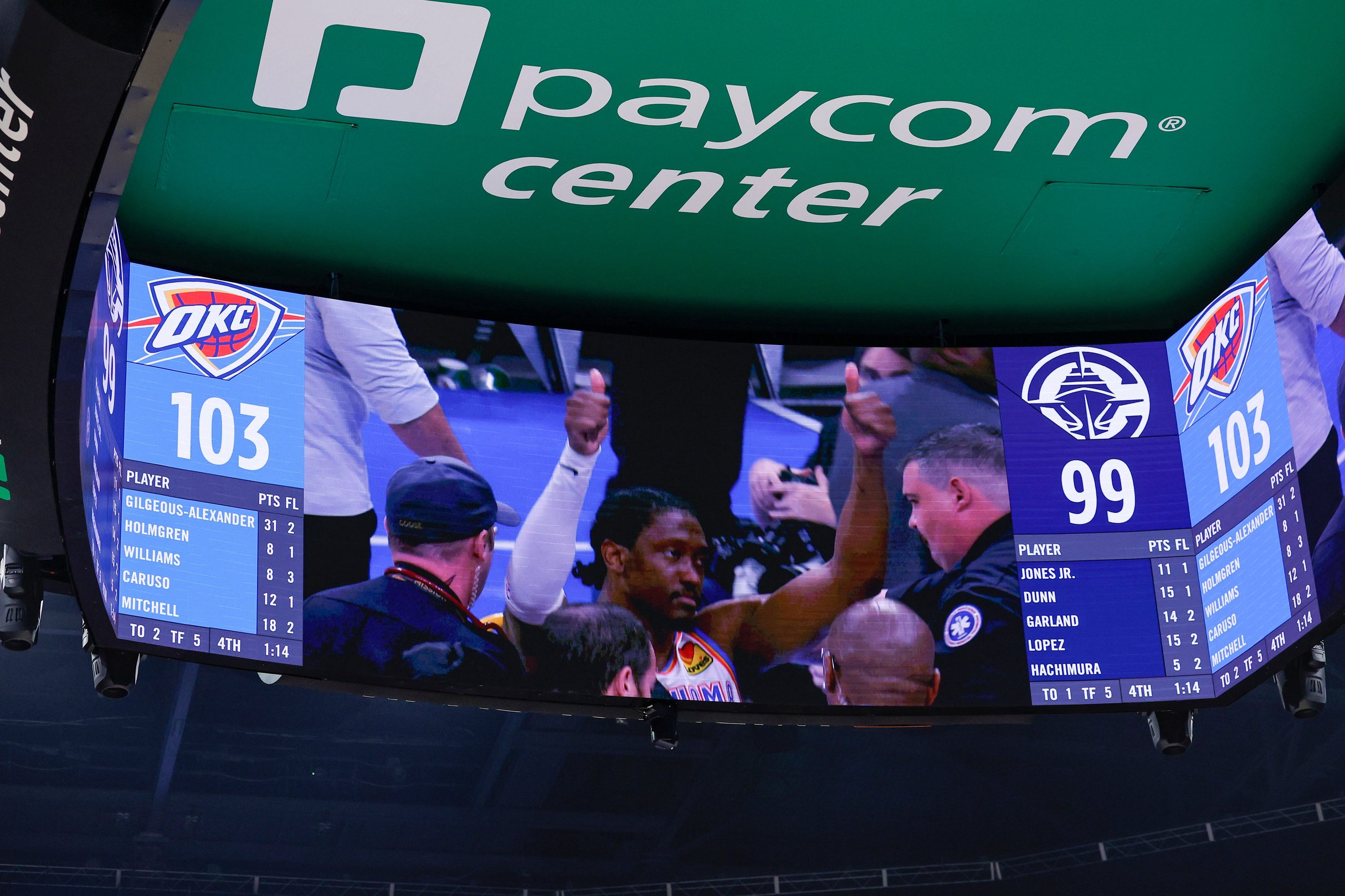 Oct 25, 2026; Oklahoma City, Oklahoma, USA; A view of the video board showing Oklahoma City Thunder guard Jalen Williams (8) giving the thumbs up after getting injured and being taken away on a stretcher on a play against the Los Angeles Clippers in the fourth quarter  at Paycom Center. Mandatory Credit: Alonzo Adams-Imagn Images