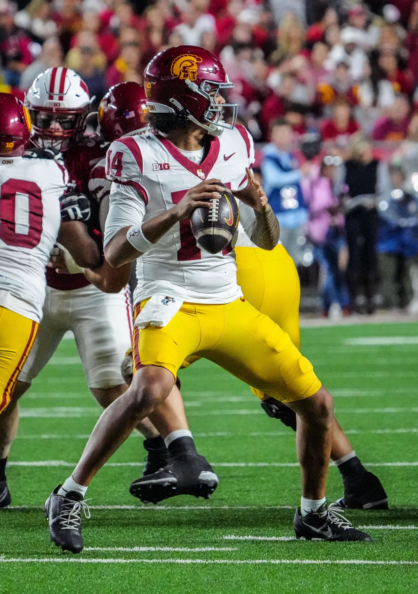USC Trojans quarterback Jayden Maiava (14) looks to throw a pass during the game against Wisconsin, Oct. 24, 2026, at Camp Randall Stadium in Madison, Wisconsin.