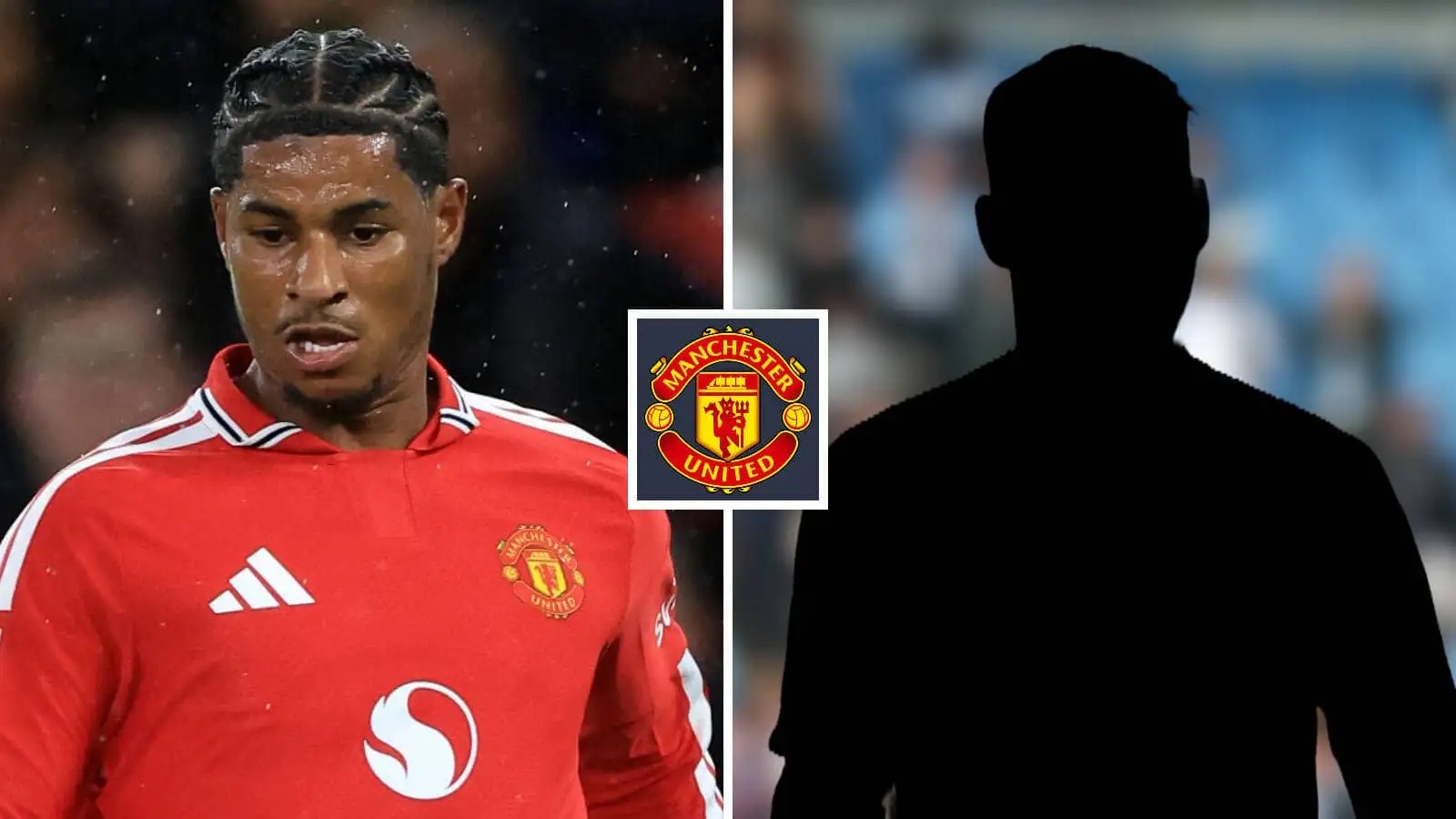 Split image of Manchester United forward Marcus Rashford and a shadow, with the Manchester United badge in between - copyright TEAMtalk