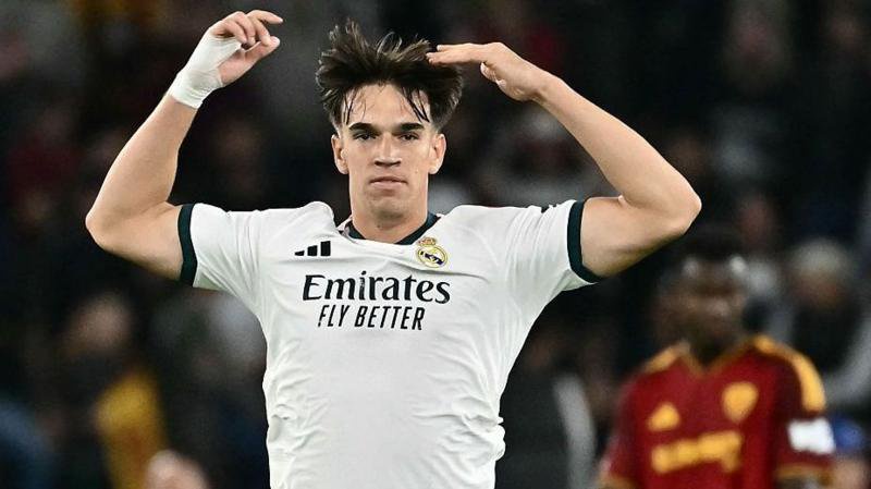 Carlos Espi celebrates scoring for Real Madrid against Roma