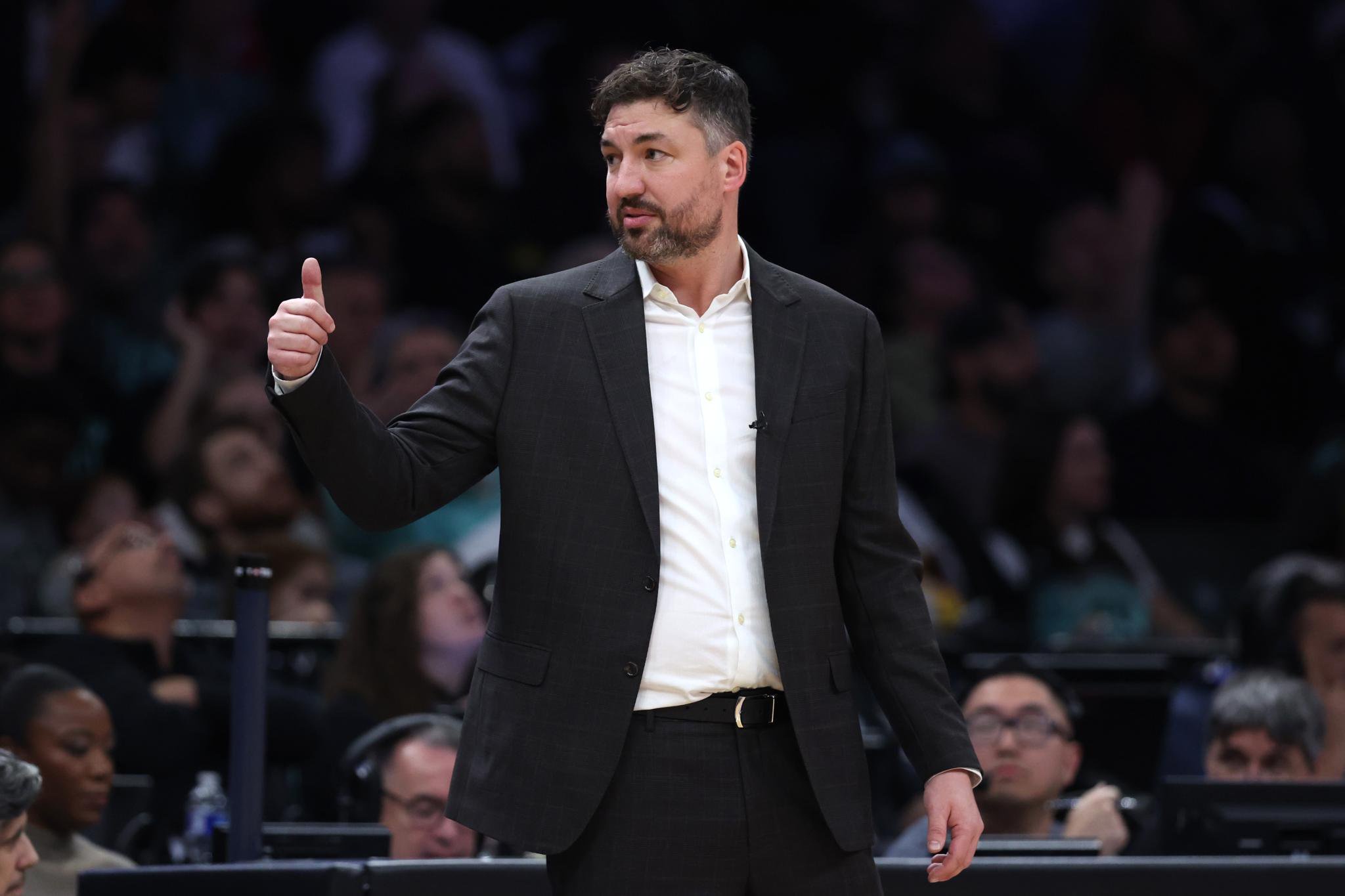 New York Liberty head coach Chris DeMarco reacts during the fourth quarter against the Atlanta Dream in Game 3 of the WNBA Playoff semifinals at Barclays Center in New York, Friday, Oct. 9, 2026.