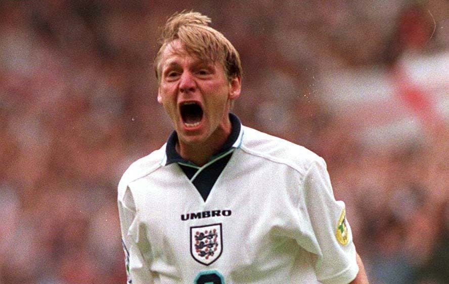 Stuart Pearce as he celebrates after scoring for England in the penalty shoot-out against Spain during Euro 96