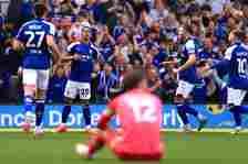 Omari Hutchinson of Ipswich Town celebrates scoring their second goal during the Sky Bet Championship match between Ipswich Town and Huddersfield T...