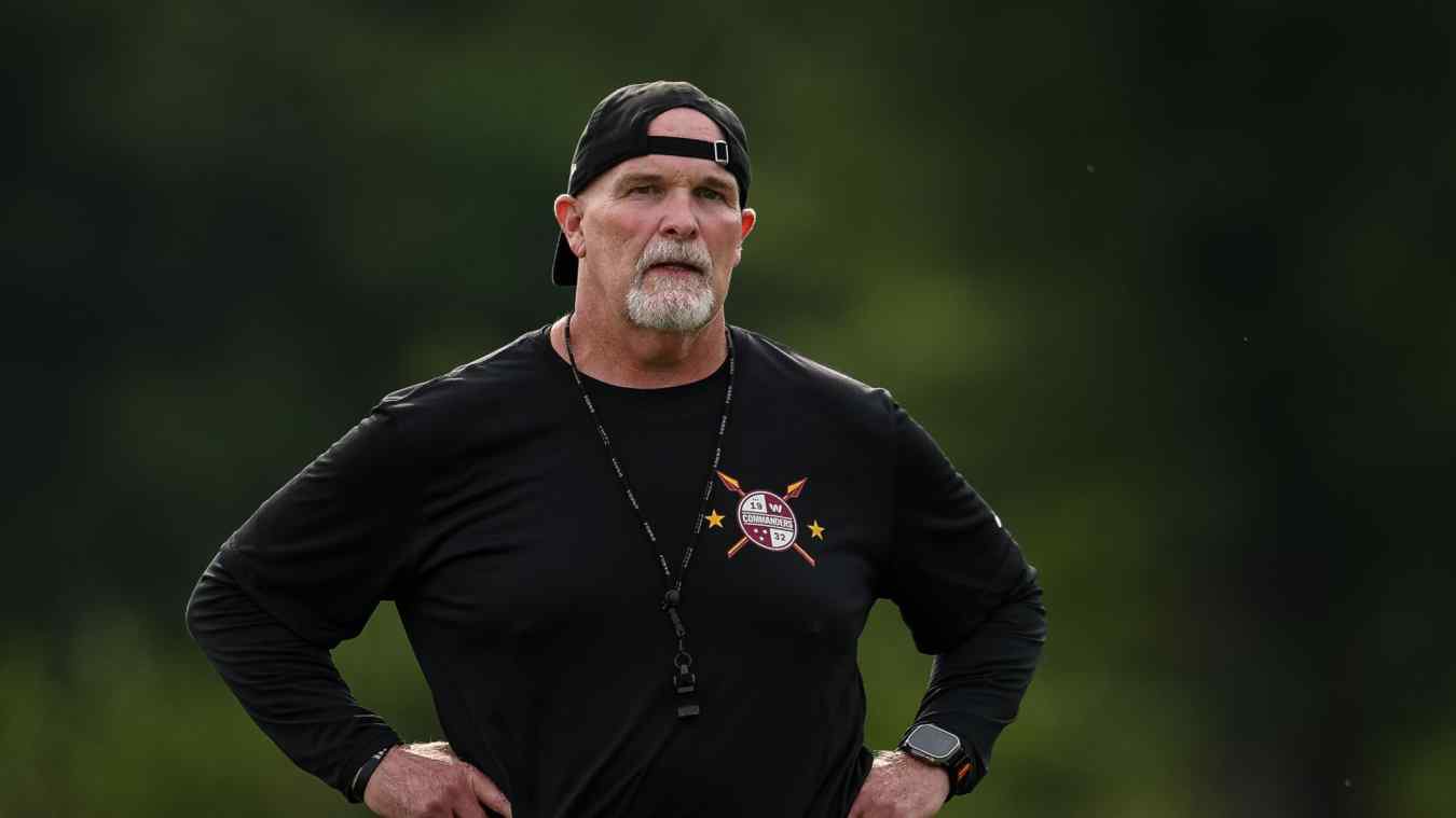 Head coach Dan Quinn of the Washington Commanders watches training camp at BigBear.ai Performance Center on August 1, 2026