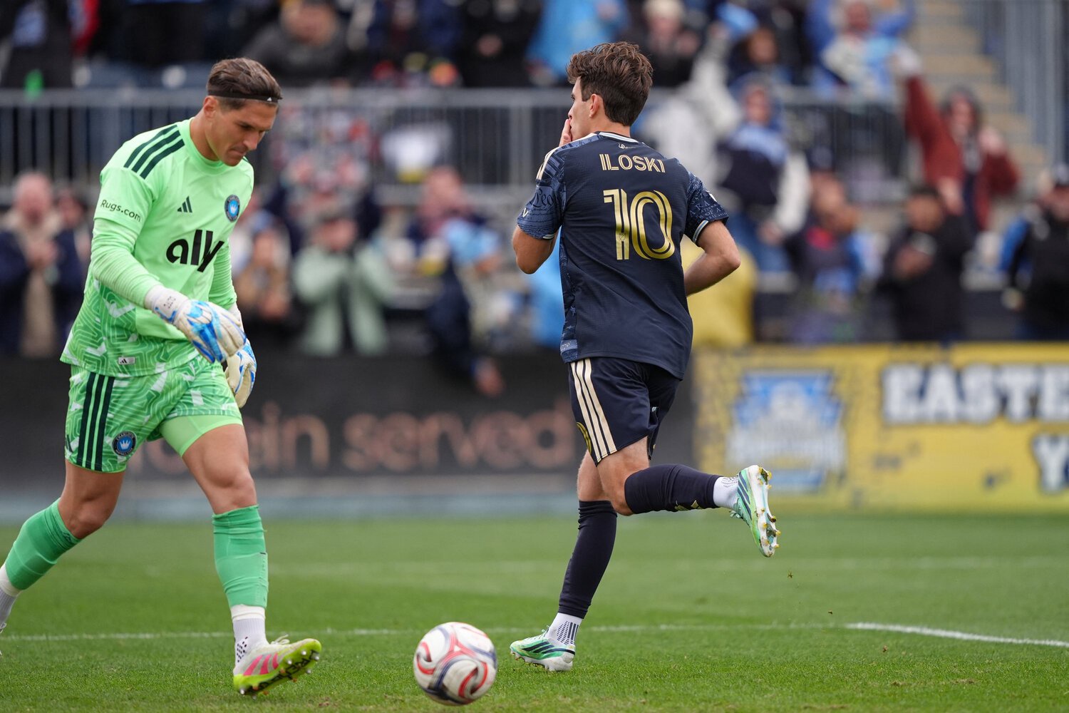Philadelphia Union forward Milan Iloski (10) reacts after converting a penalty kick goal against Charlotte FC in the first half at Subaru Park.