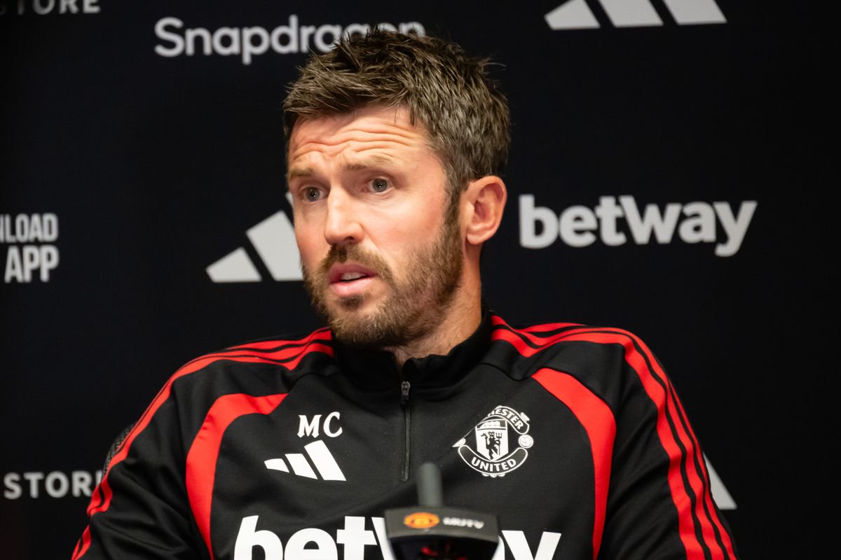 MANCHESTER, ENGLAND - AUGUST 28: (EXCLUSIVE COVERAGE) Head Coach Michael Carrick of Manchester United speaks during a press conference at Carrington Training Ground on August 28, 2026 in Manchester, England. (Photo by Ash Donelon/Manchester United via Getty Images)