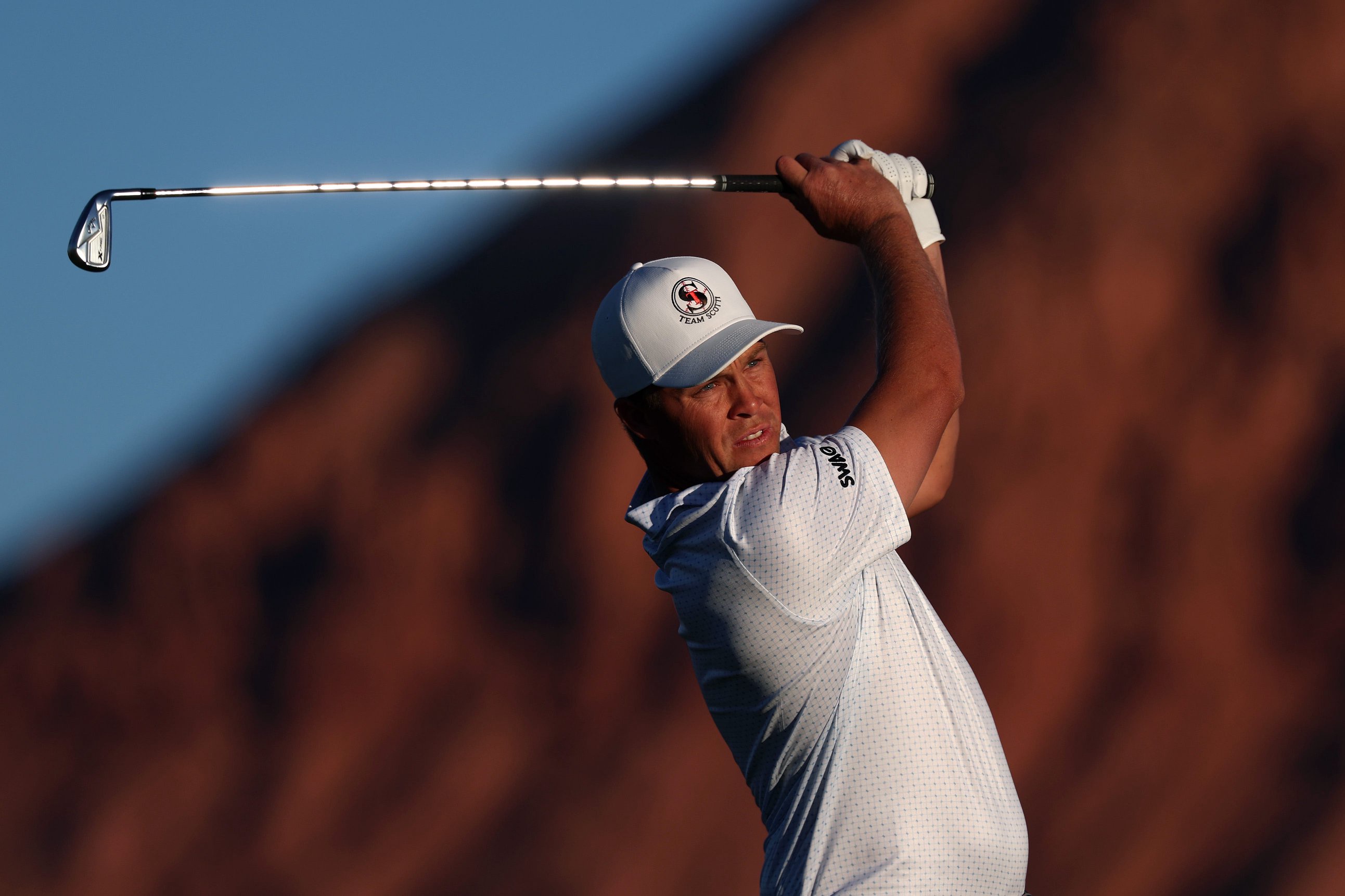 Nick Hardy plays his shot from the second tee during the second round of the Bank of Utah Championship 2026 at Black Desert Resort in Ivins, Utah.