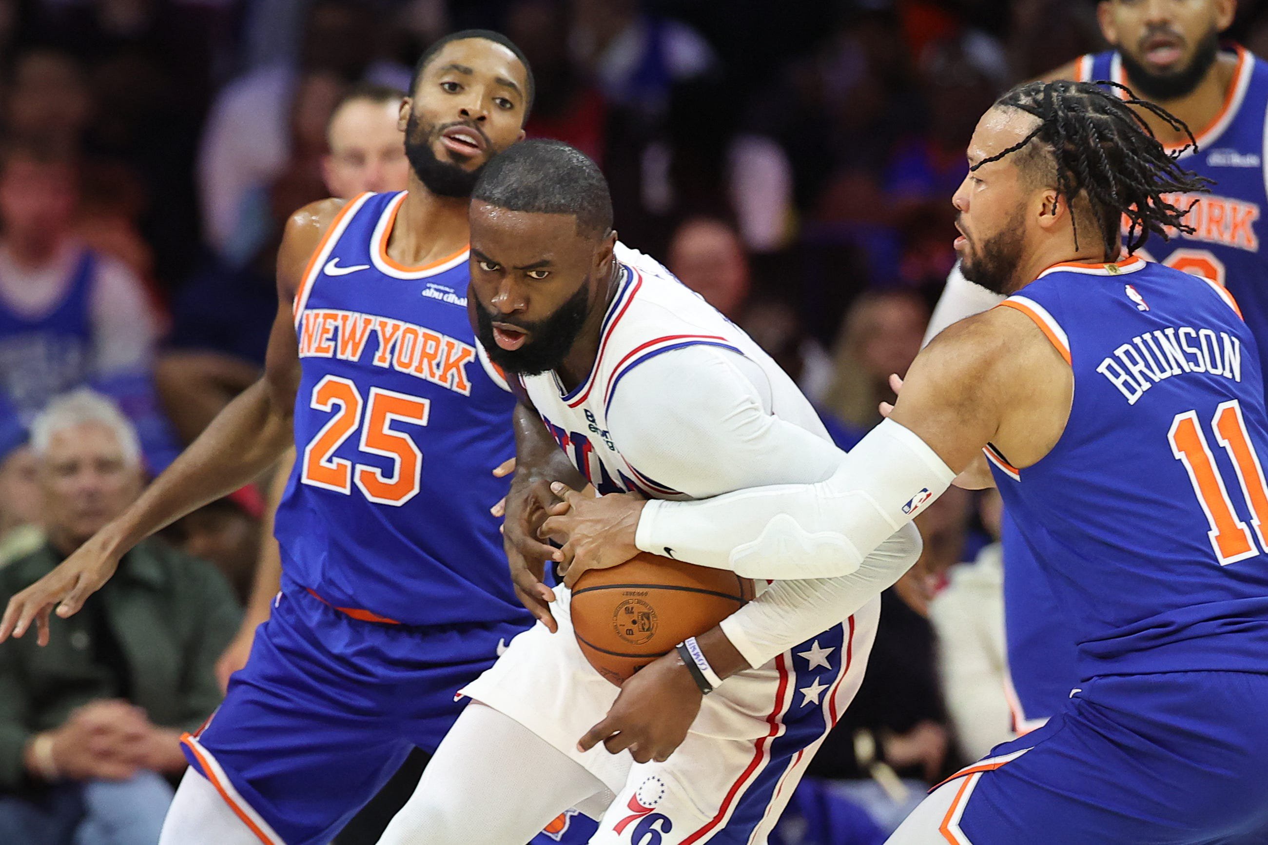 Oct 5, 2026; Philadelphia, Pennsylvania, USA; Philadelphia 76ers guard Jaylen Brown (7) controls the ball against New York Knicks guard Jalen Brunson (11) during the second quarter at Xfinity Mobile Arena. Mandatory Credit: Bill Streicher-Imagn Images