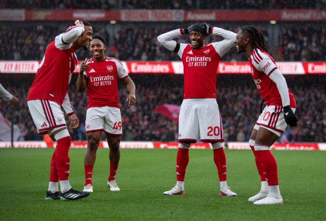 LONDON, ENGLAND - OCTOBER 24: Ezri Konsa of Arsenal celebrates scoring the first goal with team mates Myles Lewis-Skelly, Noni Madueke and Eberechi Eze during the Premier League 2026/27 match between Arsenal FC and Everton at Emirates Stadium on October 24, 2026 in London, England. (Photo by Visionhaus/Getty Images)