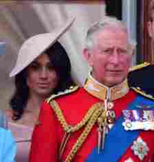 Meghan Markle and now-King Charles on the balcony of Buckingham Palace during Trooping The Colour 2018