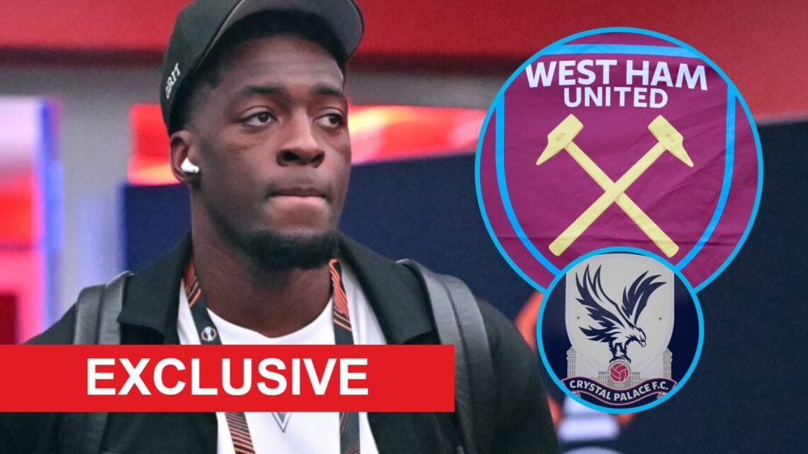 Axel Disasi and, inset, the West Ham and Crystal Palace crests