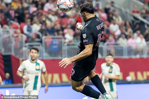 Inter Miami forward Germán Berterame, center, scores against Atlanta United during the first half of an MLS soccer match Saturday, Oct. 17, 2026, in Atlanta. (AP Photo/Vasha Hunt)