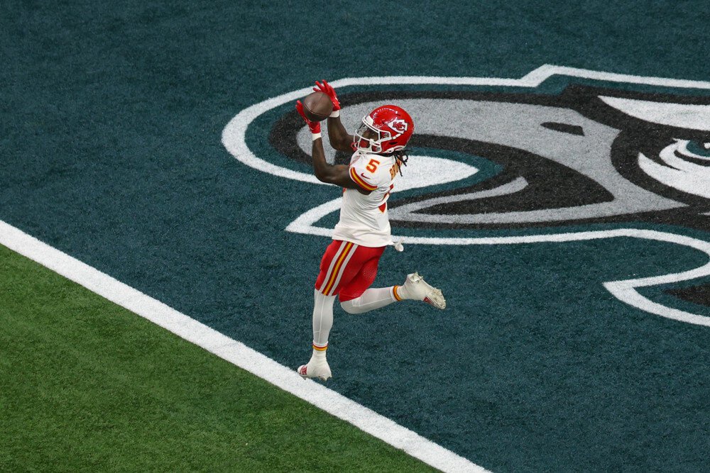 WR Hollywood Brown #5 of the Kansas City Chiefs catches a touchdown pass that is called back for offensive pass interference during Super Bowl LIX between the Kansas City Chiefs and the Philadelphia Eagles on Sunday February 9, 2025 at the Caesars Superdome in New Orleans, LA.