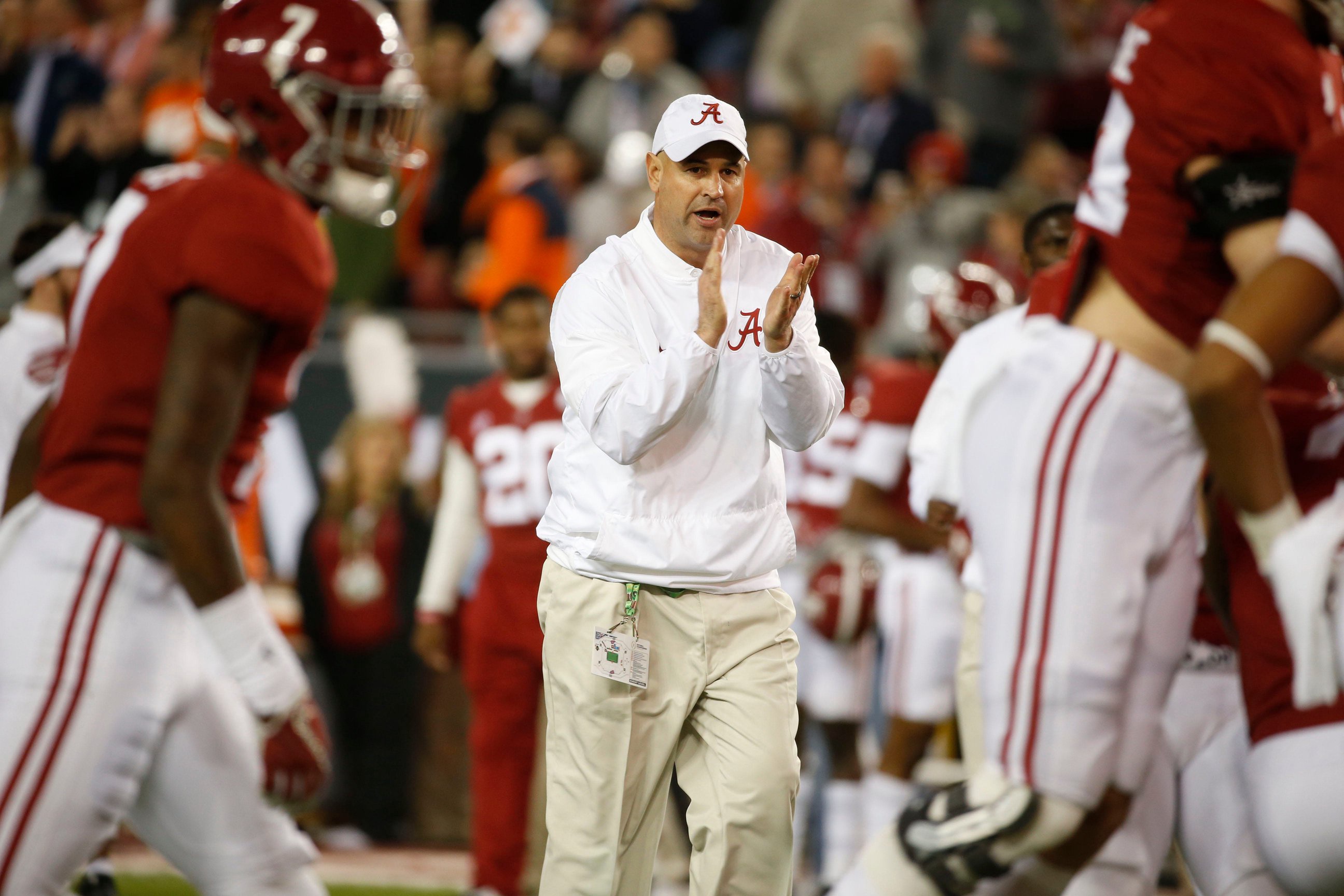 Jan 9, 2017; Tampa, FL, USA;  Alabama Crimson Tide defensive coordinator Jeremy Pruitt on the field prior to the 2017 College Football Playoff National Championship Game against the Clemson Tigers at Raymond James Stadium. Mandatory Credit: Kim Klement-USA TODAY Sports