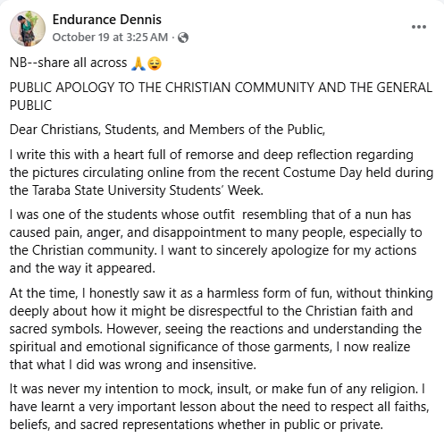 Taraba varsity student apologises to Catholic Diocese of Jalingo over r@unchy nun outfit