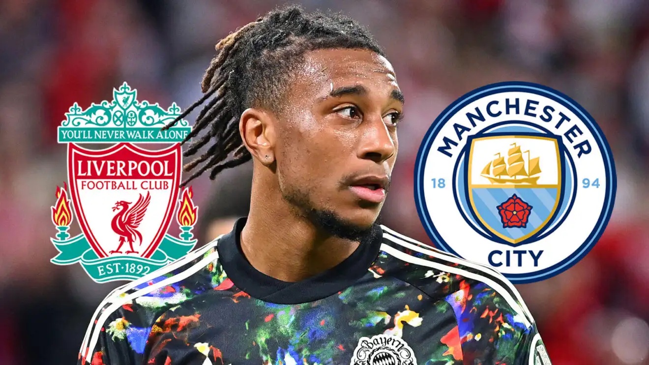 Liverpool badge, Michael Olise and Manchester City badge - copyright F365