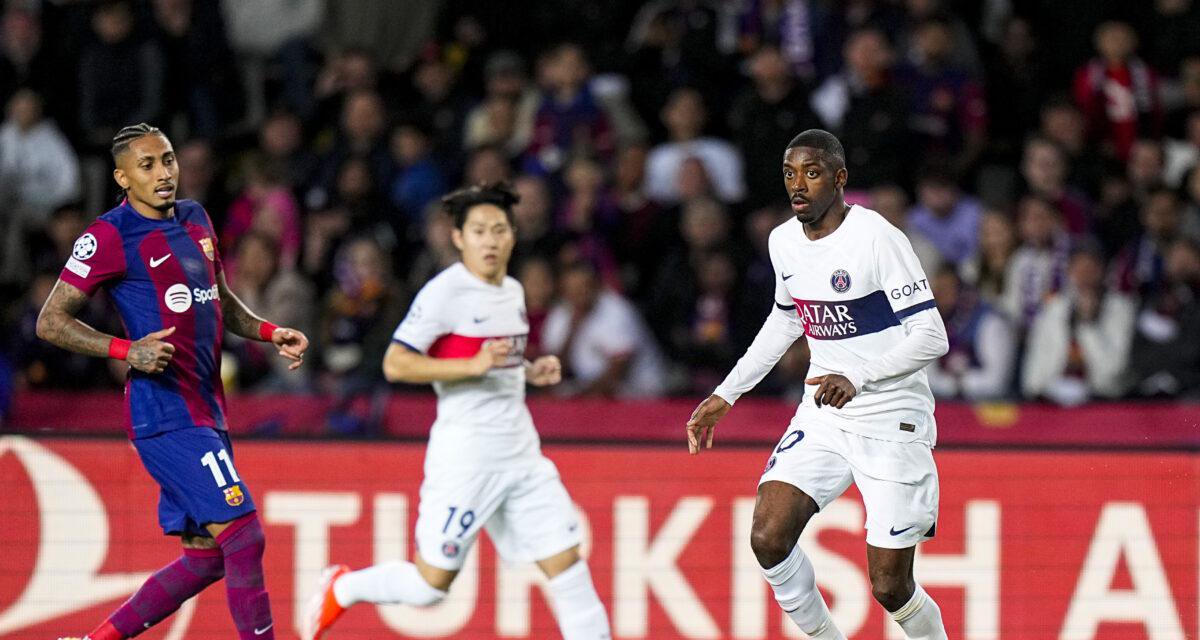 Raphinha of Barcelona and Ousmane DEMBELE of PSG during the UEFA Champions League Quarter-finals match between Barcelona and Paris at Estadi Olimpic Lluis Companys on April 16, 2024 in Barcelona, Spain.(Photo by Hugo Pfeiffer/Icon Sport) - Photo by Icon