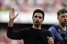 Mikel Arteta, Manager of Arsenal, acknowledges the fans following the Premier League match between Arsenal FC and Everton FC at Emirates Stadium on...