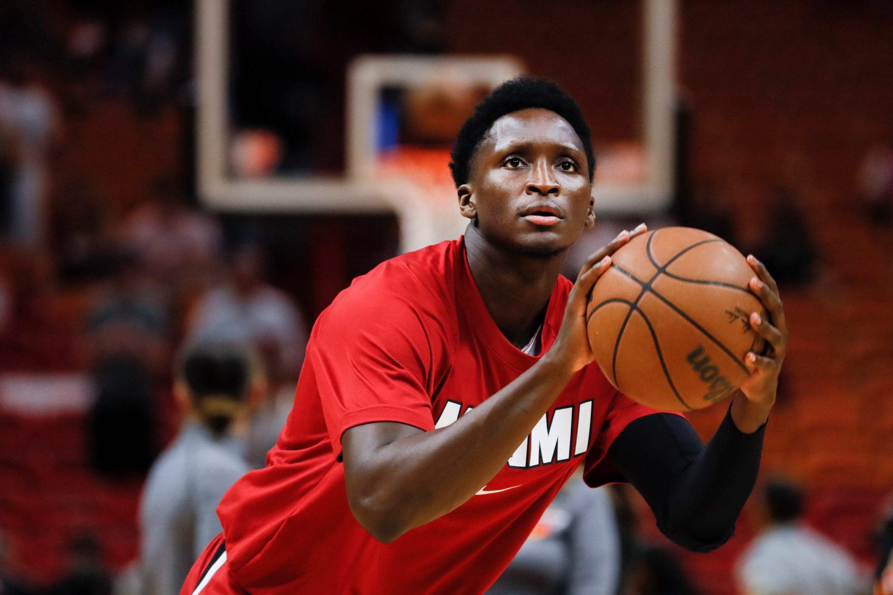 Mar 28, 2022; Miami, Florida, USA; Miami Heat guard Victor Oladipo (4) shoots the basketball prior to the game against the Sacramento Kings at FTX Arena. Mandatory Credit: Sam Navarro-USA TODAY Sports