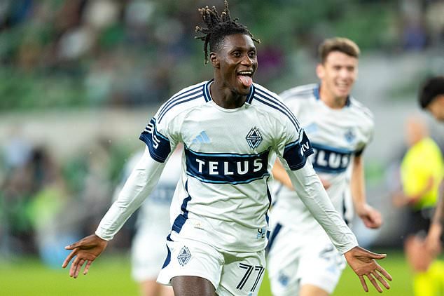 Vancouver Whitecaps forward Yadaly Diaby (77) celebrates a goal against Austin FC during the second half of an MLS soccer match in Austin, Texas, Saturday, Oct. 17, 2026. (AP Photo/Stephen Spillman)