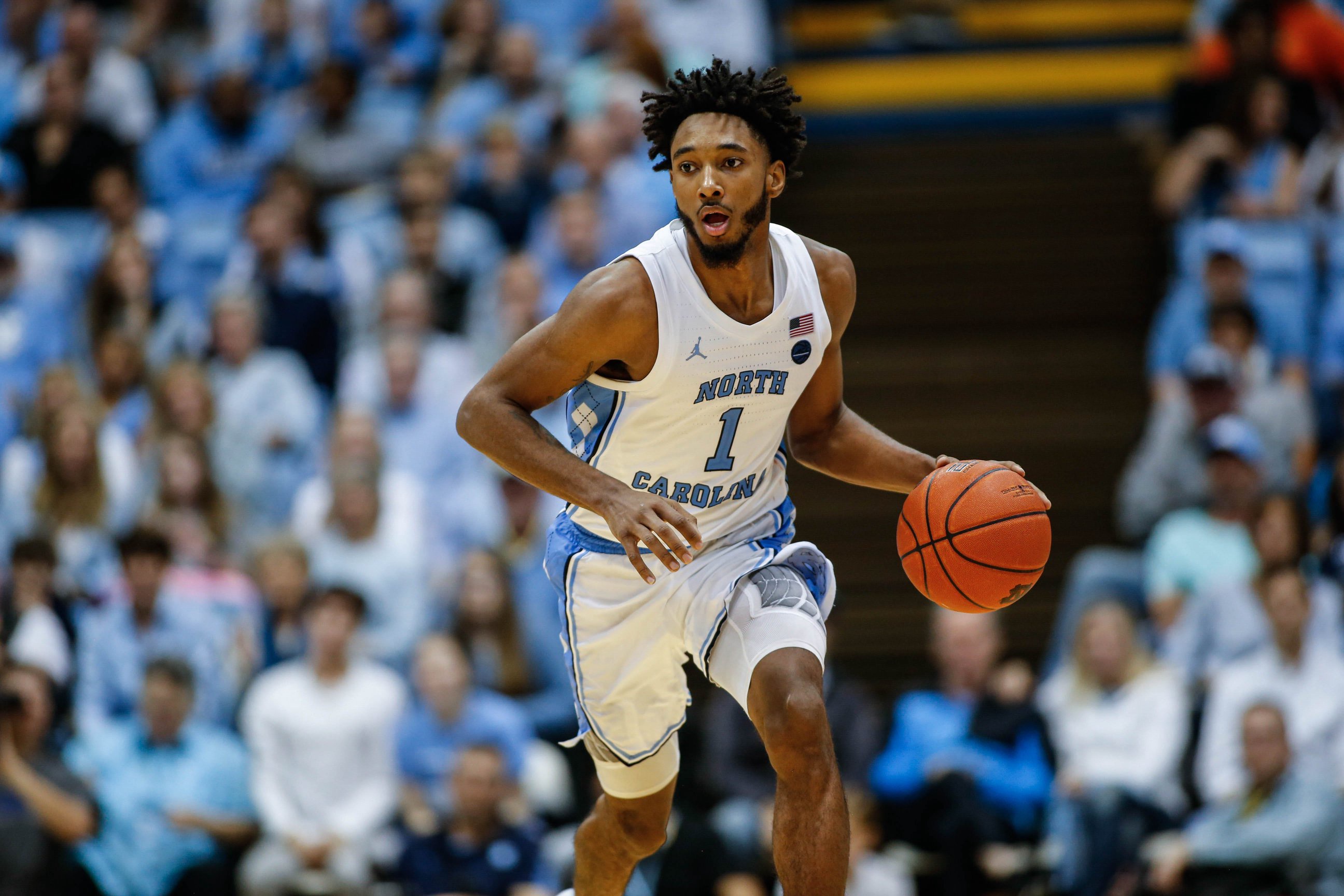 Dec 30, 2019; Chapel Hill, North Carolina, USA; North Carolina Tar Heels guard Leaky Black (1) brings the ball up court against the Yale Bulldogs in the second half at Dean E. Smith Center. Mandatory Credit: Nell Redmond-USA TODAY Sports