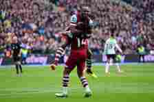 Michail Antonio celebrates his goal for West Ham against Liverpool