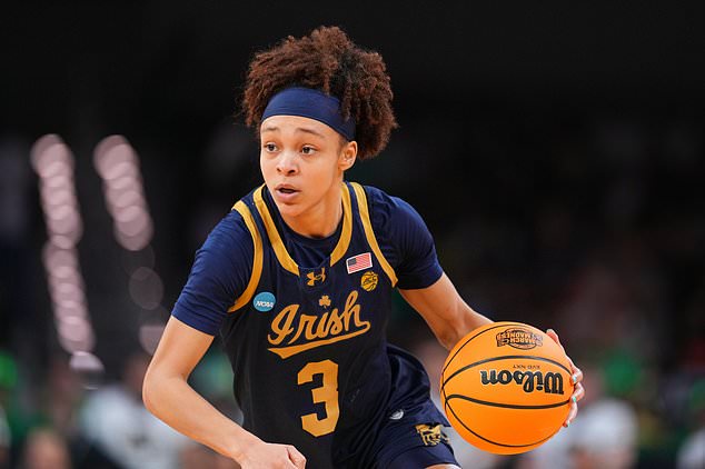 FILE - Notre Dame guard Hannah Hidalgo (3) drives to the basket during Sweet 16 game between Notre Dame and Vanderbilt at the NCAA college basketball tournament, March 27, 2026, in Fort Worth, Texas. (AP Photo/Julio Cortez, File)
