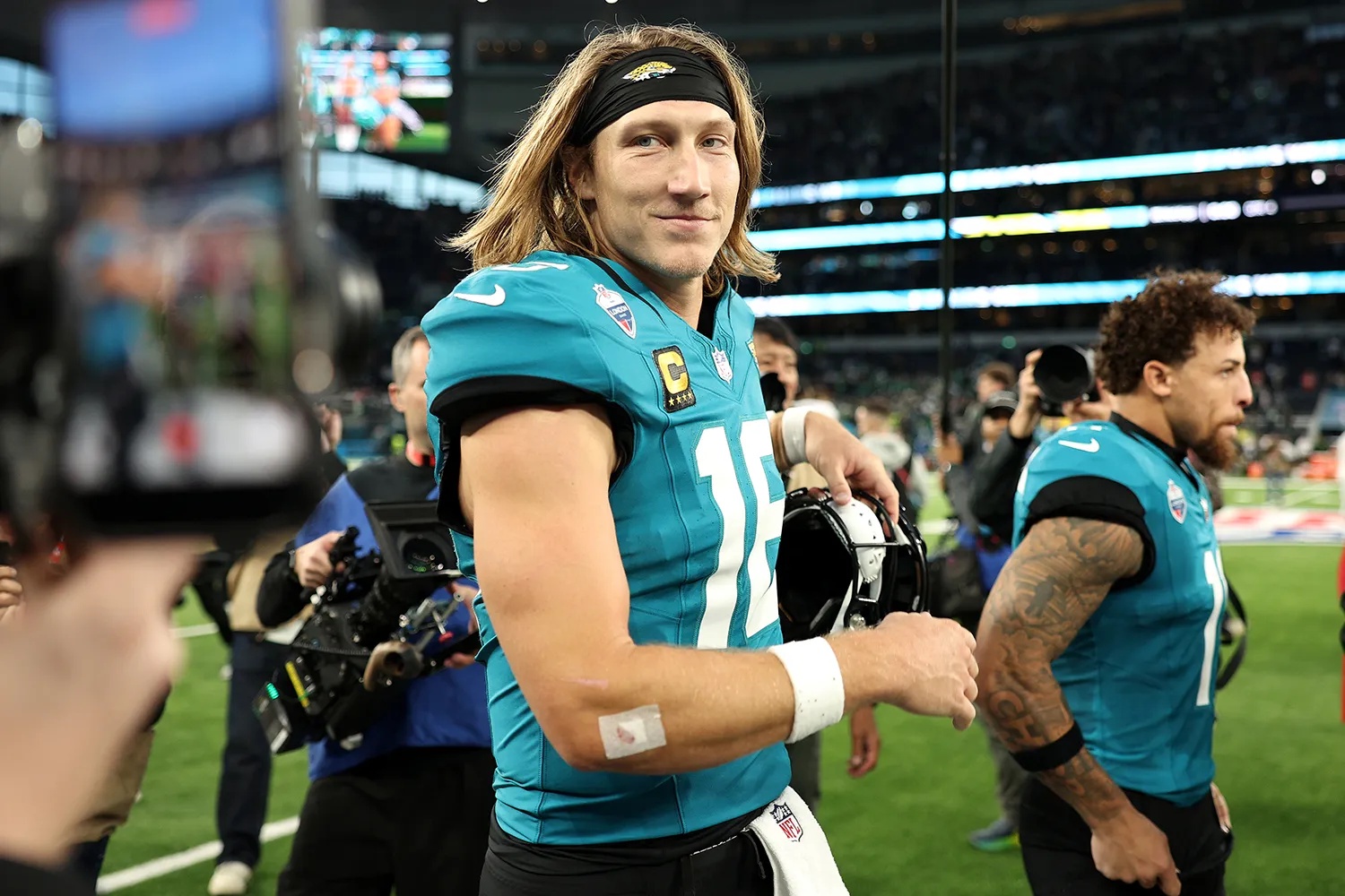 Trevor Lawrence of the Jacksonville Jaguars celebrates after the 2026 NFL London Games match between Philadelphia Eagles and Jacksonville Jaguars at Tottenham Hotspur Stadium on October 11, 2026 in London, England.