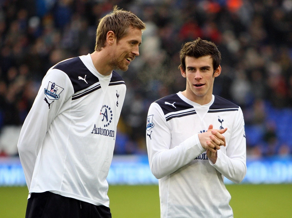 Mandatory Credit: Photo by Back Page Images/Shutterstock 1255812f Peter Crouch and Gareth Bale of Tottenham Hotspur. Birmingham City V Tottenham Hotspur, FA Premier League football Match, St. Andrews, ...