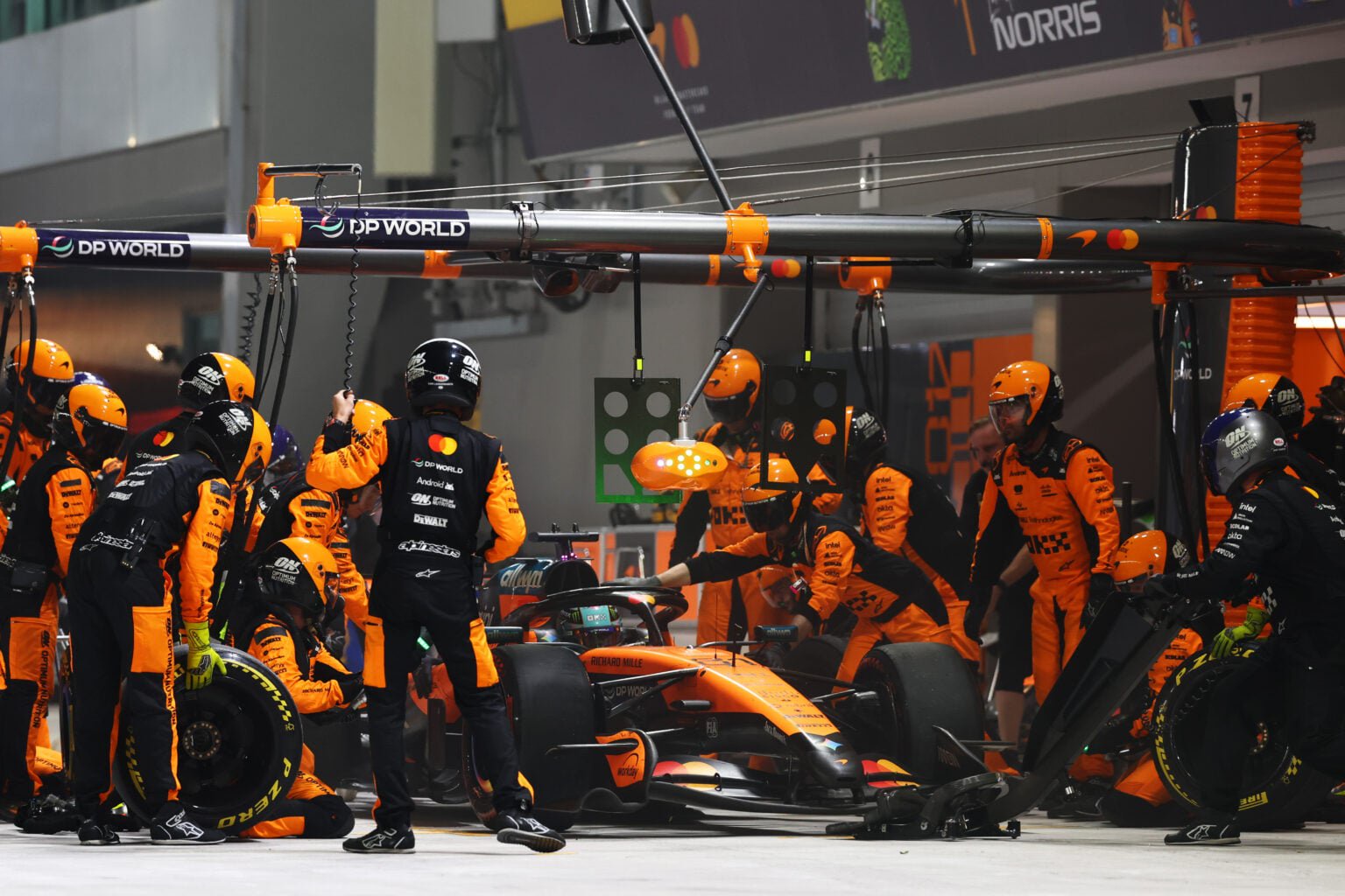 McLaren driver Oscar Piastri makes a pit stop during the 2026 F1 Singapore Grand Prix