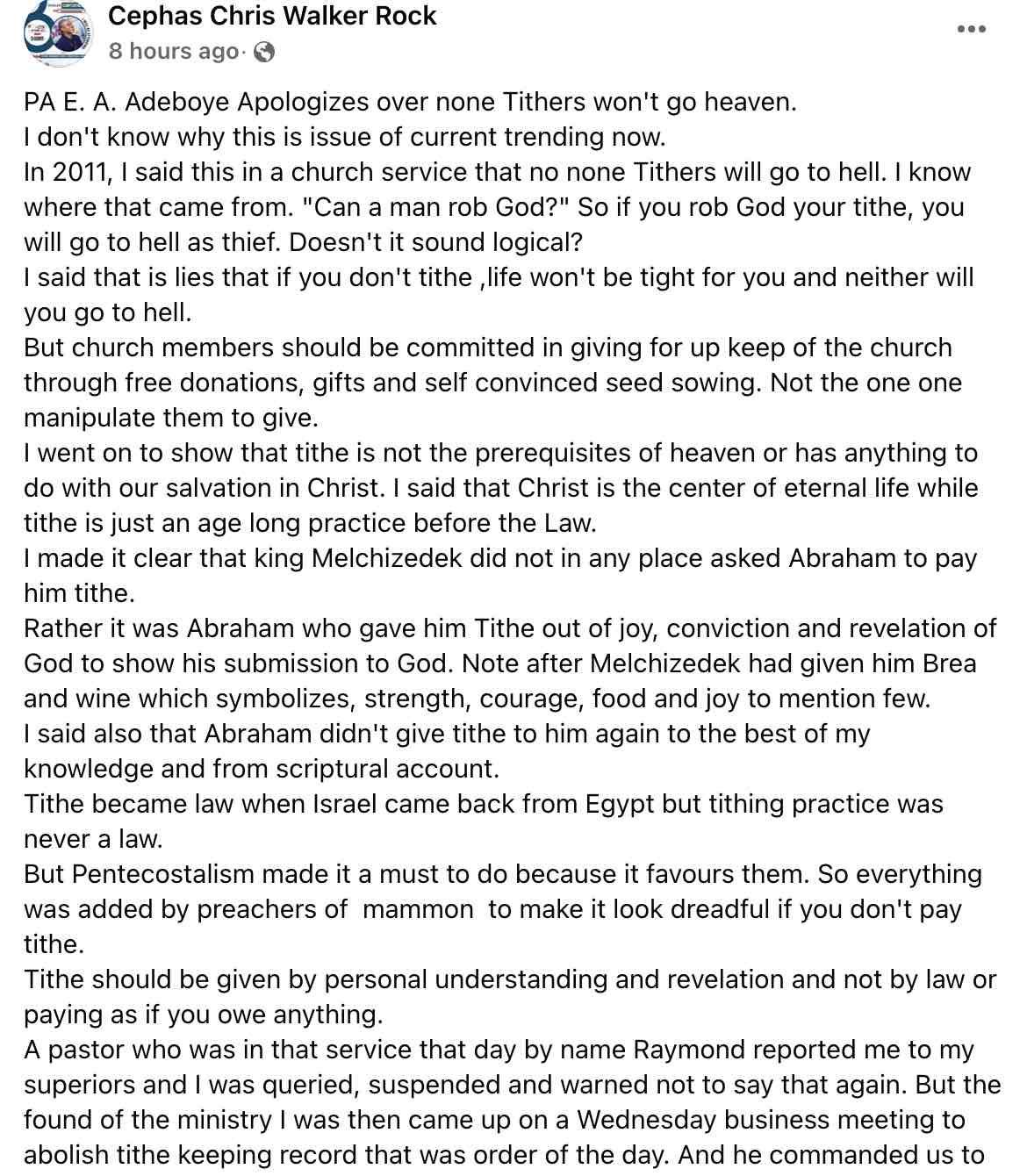 Pastor Chris recounts suspension for preaching 'tithe not a must'