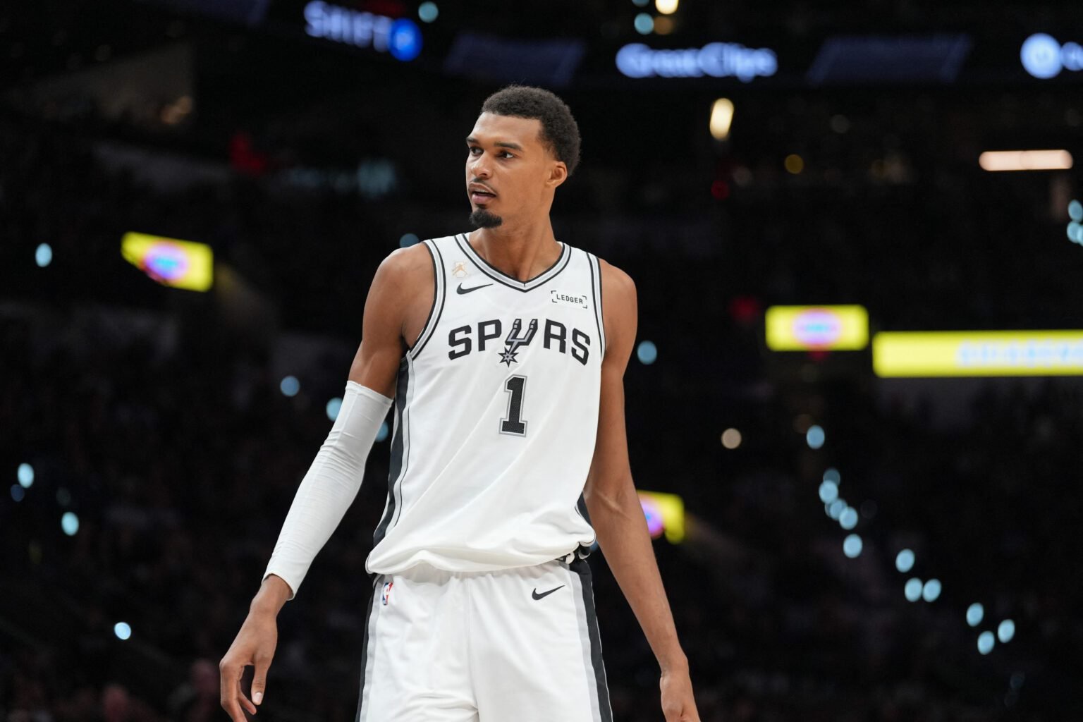 Oct 20, 2026; San Antonio, Texas, USA; San Antonio Spurs forward Victor Wembanyama (1) looks over in the first half against the Oklahoma City Thunder at Frost Bank Center. Mandatory Credit: Daniel Dunn-Imagn Images