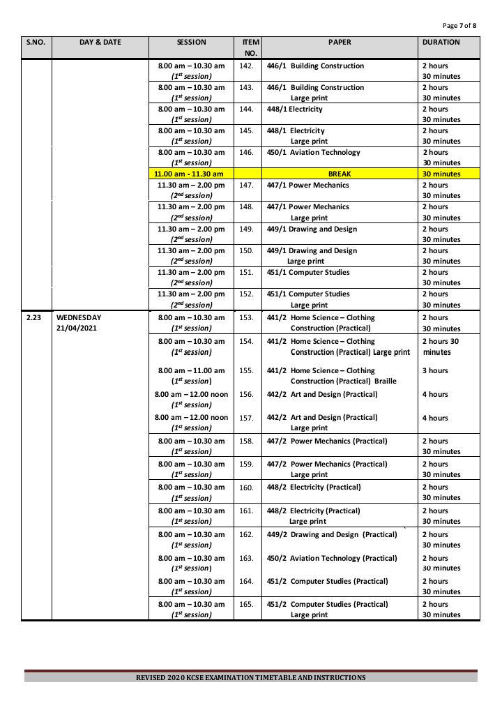 Revised 2020 2021 Kcse Examination Timetable Examination Timetable ...