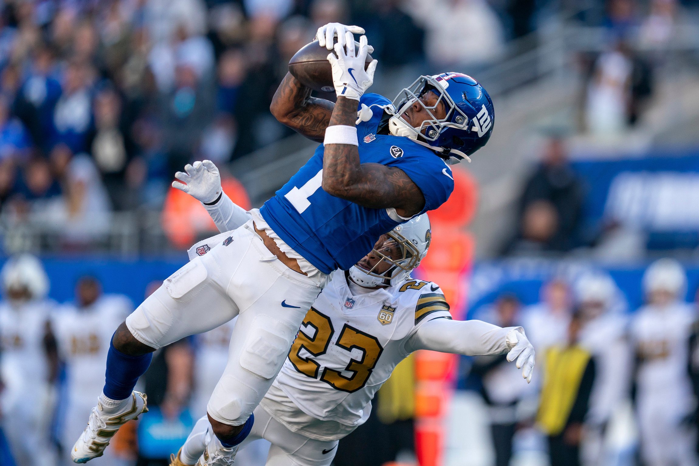 New York Giants wide receiver Malik Nabers (1) makes a catch in the fourth quarter during a week 6 NFL football game between New York Giants and New Orleans Saints on Sunday, Oct. 18, 2026, at MetLife Stadium in East Rutherford, NJ.