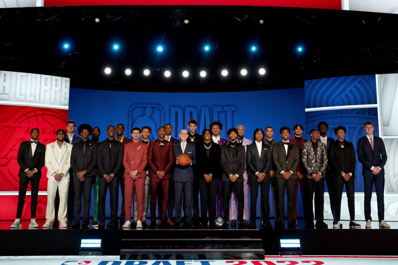 Brooklyn, NY, USA; The 2022 NBA draft class poses for a photo with commissioner Adam Silver before the 2022 NBA Draft at Barclays Center. Mandatory Credit: Brad Penner-USA TODAY Sports