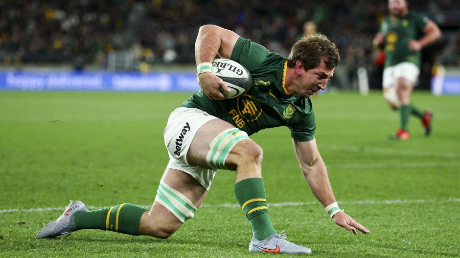 Kwagga Smith of South Africa scores a try during The Rugby Championship match between New Zealand All Blacks and South Africa Springboks at Sky Stadium on September 13, 2025 in Wellington, New Zealand. (Photo by Hagen Hopkins/Getty Images)
