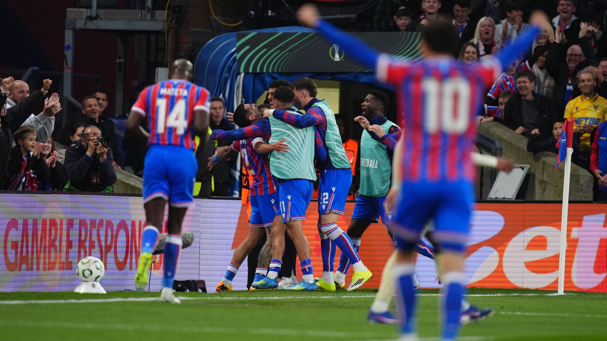 Crystal Palace players celebrate their side's first goal of the game. Pic: PA