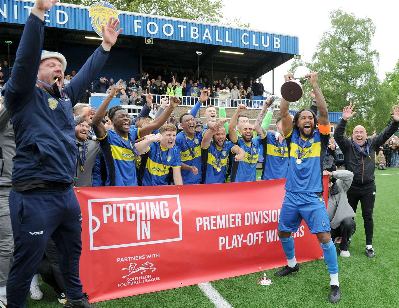 Spalding United celebrate winning promotion. Photo: Chris Lowndes