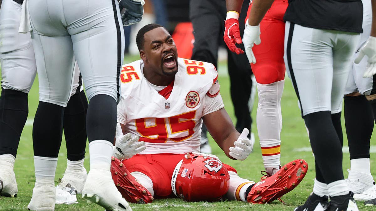 Chris Jones of the Kansas City Chiefs reacts after being shoved down during a rushing play.