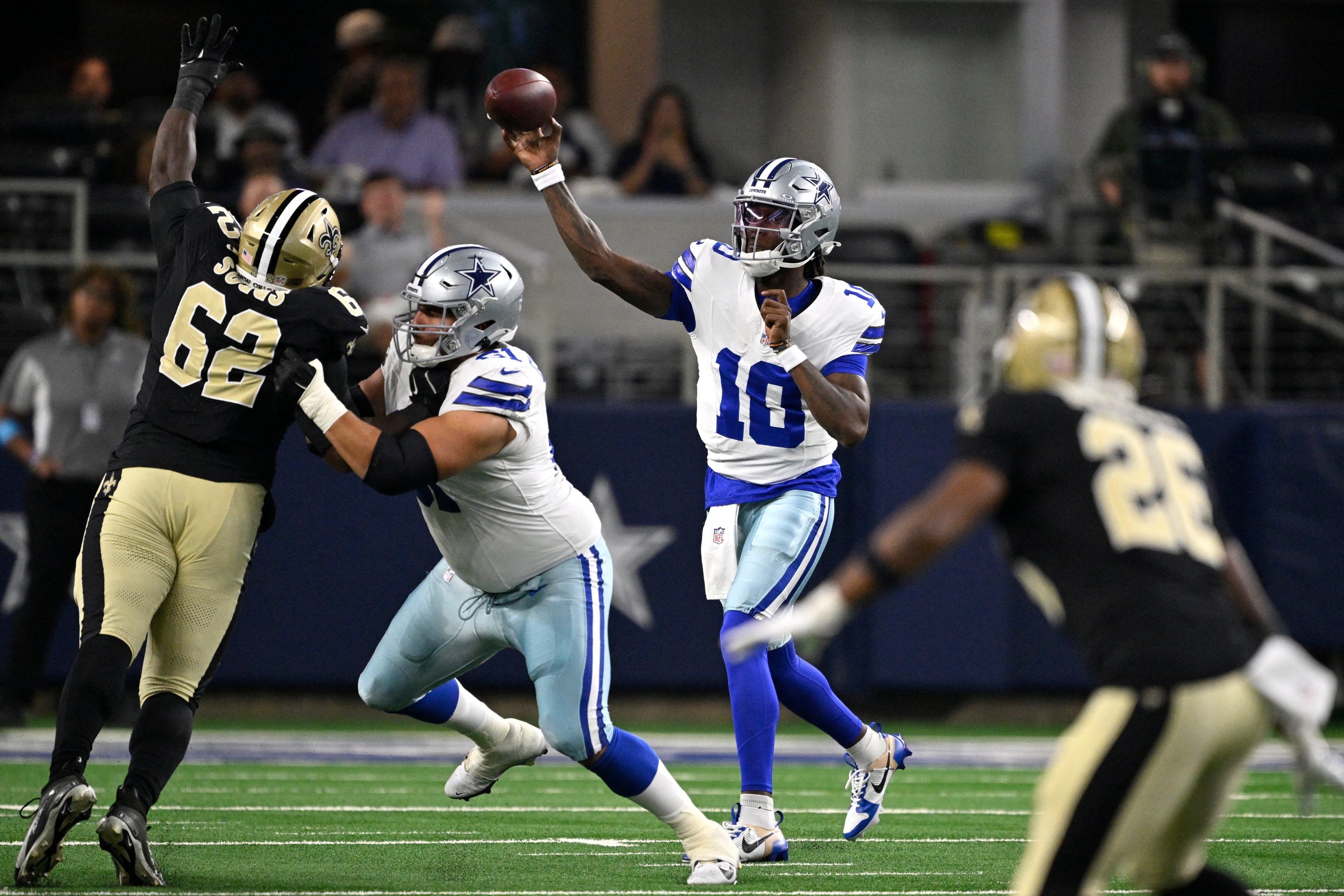 Aug 28, 2026; Arlington, Texas, USA;  Dallas Cowboys quarterback Joe Milton III (10) throws a pass against the New Orleans Saints during the second quarter at AT&amp;T Stadium.  Mandatory Credit: Jerome Miron-Imagn Images