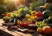 A colorful array of fresh fruits and vegetables, grilling tools, herbs, and spices laid out on a wooden table, with a warm evening sun casting a golden glow over the scene