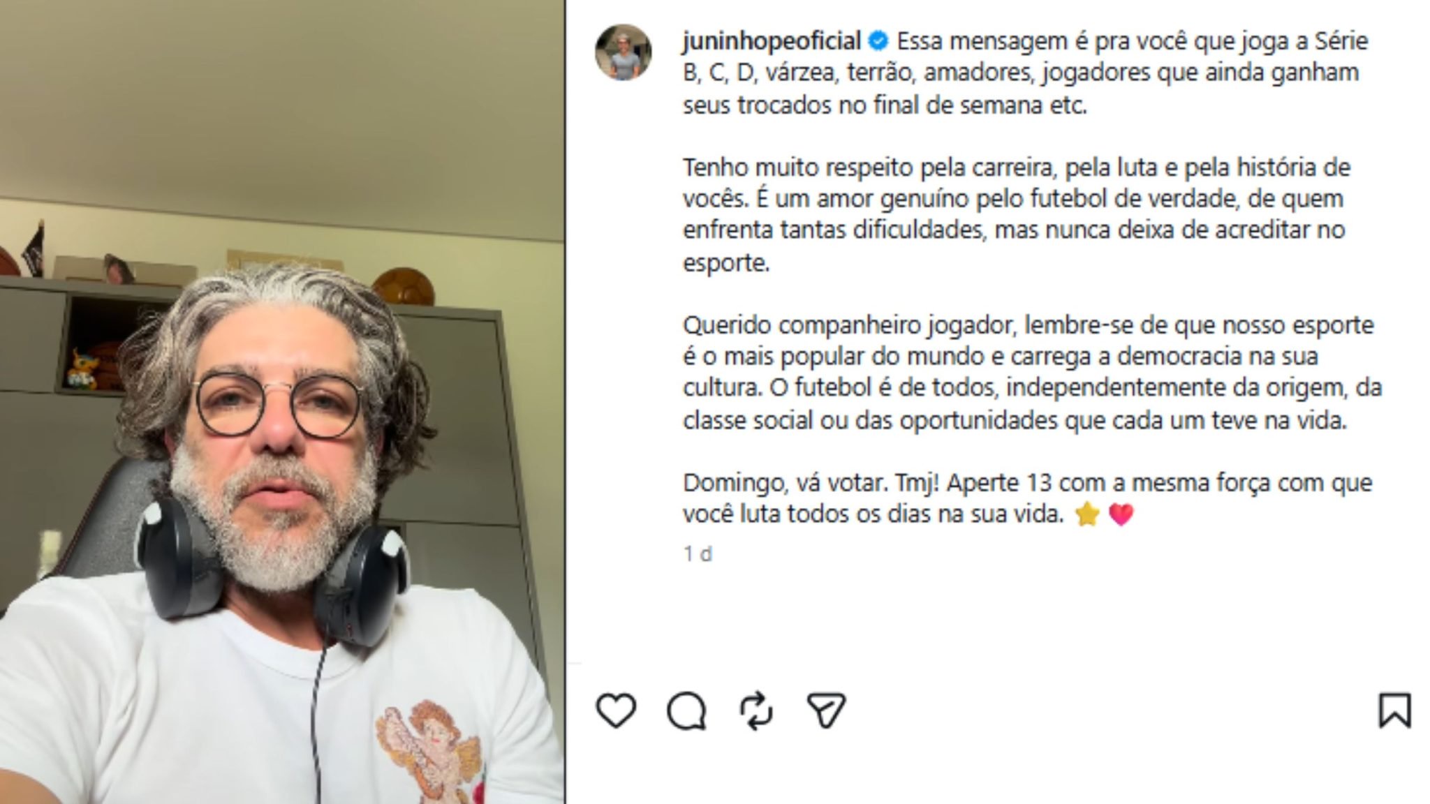Juninho fez discurso favorável ao governo de LulaFoto: Instagram/Reprodução/ND Mais