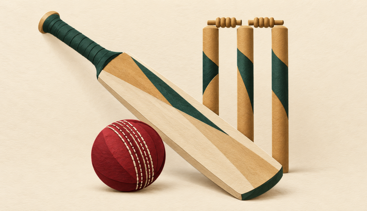 Paper-cut editorial illustration of a cricket bat, red ball and three wickets on a cream background.
