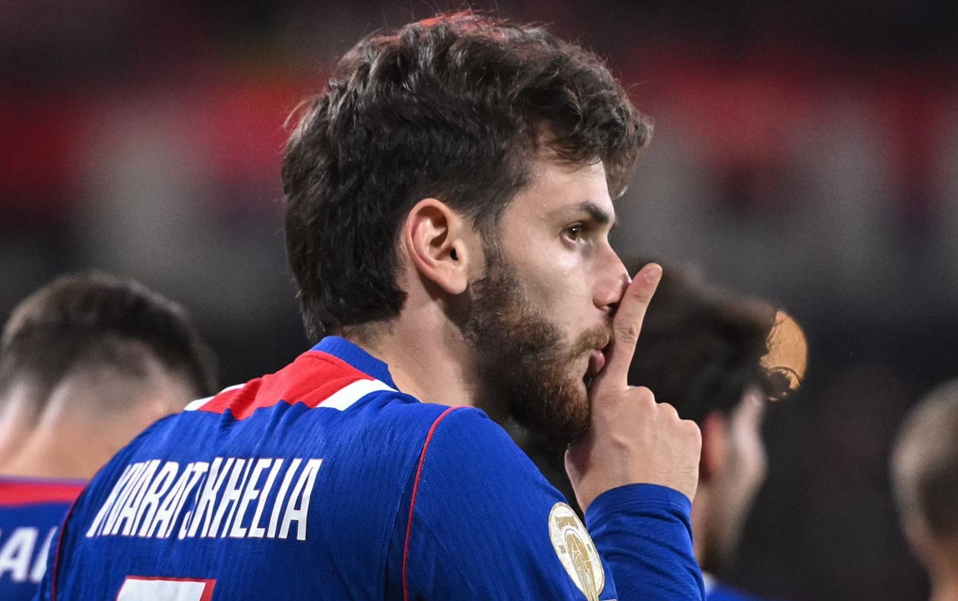 Khvicha Kvaratskhelia poses after scoring the 2-1 goal during the French Ligue 1 match between Paris Saint-Germain and Le Mans